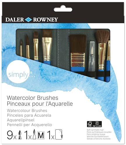 Daler-Rowney Simply Aquarellpinsel aus weichem Kunsthaar, kurzer Griff, Etui mit Reißverschluss, Sortiment mit 10 Pinseln