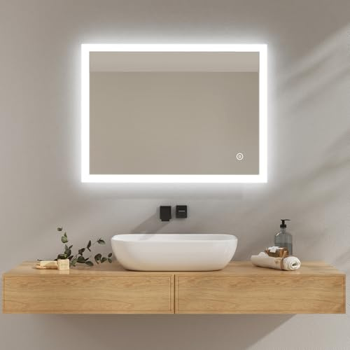 EMKE Espejo de Baño LED 60x80 cm, Espejo Mural con Luz Led Blanca Fría, Interruptor Táctil, IP44, Ahorro de Energía, Espejo Baño Led