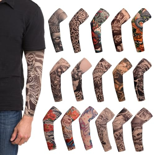Riisoyu 16 Piezas Mangas de Tatuaje, Temporales Falsos Brazo Tatuajes Mangas Cubierta Tatuajes Temporales Guantes de Brazo de Flor de Elasticidad Suave Mangas para Fiestas de Disfraces Carnaval