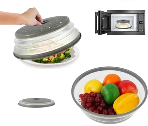 Microwave Cover, Collapsible Microwave Food Cover with Hook Microwave Splatter Cover, Multi-Functional Microwave Lid Basket Strainer for Fruit Vegetables Kitchen Cooking (2PCS Grey)