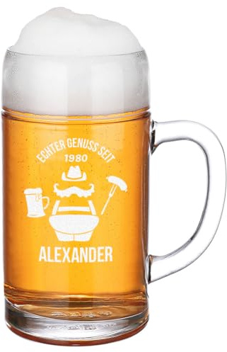 polar-effekt 1 Liter Maßkrug aus Glas mit personalisierter Gravur - Geburtstagsgeschenk mit Namen - Klassiker Bierkrug für Männer - Bierglas für Papa