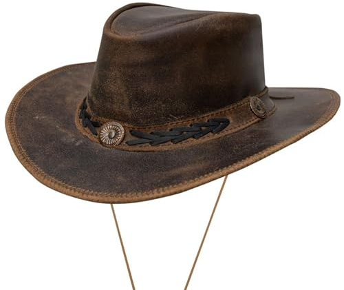Dream Apparel Brown Leather Cowboy Hat for Men Women Western Australian Outback Hat with Shapeable Wide Brim, Aussie Style Genuine Leather Hat, Size S