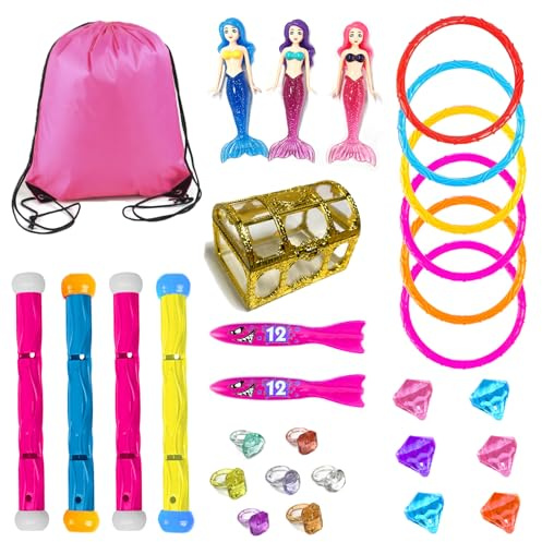 30 Pcs Diving Pool Toys for Kids Ages 3-12 - Little Mermaid Toys for Girls, Dive Sticks, Treasure Chest, Pink Shark Torped & Gems with Storage Bag, Summer Swim Water Toys for Pool Games, Bath & Party
