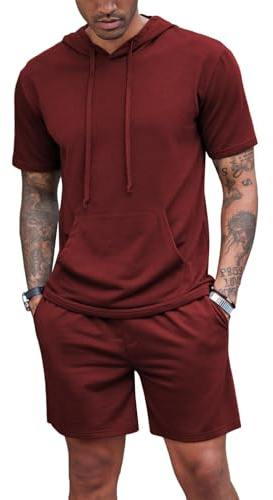 QUNERY Ensemble Ete Homme Survêtement Ensemble Short Tee Shirt Homme Vacances Plage Costumes Tracksuit Vin Rouge L