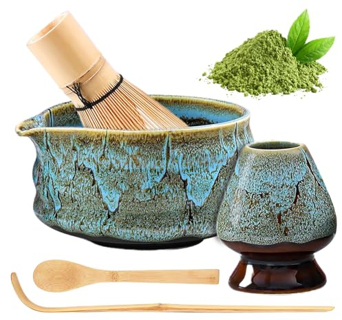 Matcha Kit: 5 Pièces Ensemble à Thé Matcha, Set De Fouet à Matcha, Kit De Cérémonie De Matcha Avec Fouet Bambou, Cuillère à Thé, Bol Artisanal En Céramique Et Support à Fouet (Bleu)