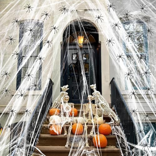 SKYYUE Halloween Decorazioni Ragni, 200g Ragnatela di Halloween e 50 Ragni di Plastica Realistico, Ragno Finto Decorazioni d'Halloween Ragnatele per Carnevale Feste a Tema Horror