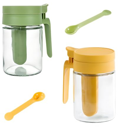 Sindiya Gewürzdose mit Deckel, aus dickem Glas, wiederbefüllbar, luftdichter Gewürzbehälter, mit integriertem Löffelhalter, Aufbewahrungsbox für Küchengewürze/Kräuter 2er-Pack