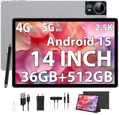 PIXGOOD 2.5K Android 15 Tablette 14 Pouces, 4G Lte/5G WiFi, INCELL 2240 x1400, 11580mAh, 36GB RAM+512GB ROM (Extension 2TB), Octa-Core, 13MP+8MP, Tablette Tactile avec étui/GPS/Bluet 5.0(Silver)