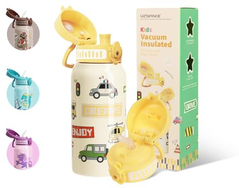 UZSPACE Gourde Isotherme Enfant avec 2 Bouchons - Bouteille Isotherme 550ml - Gourde à Paille Étanche - Pour École, Sport et Activités - Filles et Garçons, Jaune