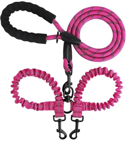 Dubbelkoppel för husdjur hund elastiskt rep två huvuden nylon ett drag husdjur hand håller rep anti-lindning elastiskt hundkoppel (mörkröd)