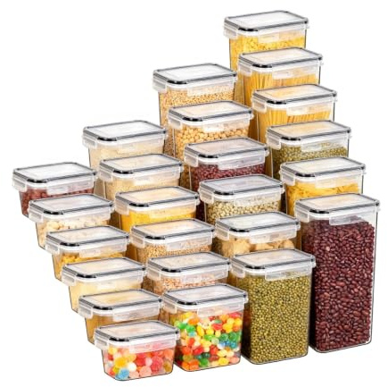 KITCHEN MONSTER 24 Piece Airtight BPA Free Food Storage Containers Set, 4 Sizes (6 Pcs of Each Size - 0.8L to 2.8L) Transparent PP Stackable Kitchen Jars with Locking Lids for Cereal, Nuts & Snacks