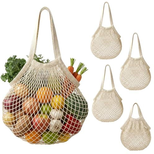 4 Stück Einkaufstasche Netz Wiederverwendbar,Baumwolle Einkaufsnetz Tasche | Netztasche sandspielzeug,Beige Einkaufsnetze mit langem Griff für Aufbewahrung Von Obst,Gemüse,Einkaufen,Strand