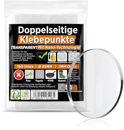 GRIP&BENDER Klebepunkte Doppelseitig mit Abziehhilfe (160 Stück) Transparente Nano-Dot Klebesticker, Extra Starke Klebepads (Rund, 25mm)