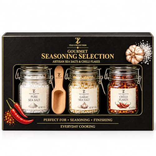 Coffret 3 Épices Gourmet TILZ – 3 Bocaux de 100ml avec Cuillère en Bois – Sel de Mer de Guérande, Sel à l'Ail & Flocons de Piment – Set d’Assaisonnement BBQ pour Cuisine & Cadeau Gastronomique