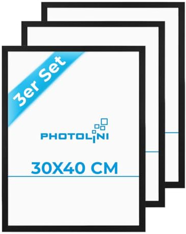 PHOTOLINI Bilderrahmen 30x40 Schwarz Holz MDF, 3er Set Bilderrahmen 40x30 cm bruchsicherem Acrylglas, Rahmen 30x40 schwarz Aufhängen, Picture Frame mit extra Zubehör - Rahmen 40x30 für Fotos & Poster