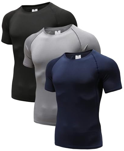 Holure Maglie Compressione Uomo Maglietta Palestra a Manica Corta T-Shirt per Correre Ciclismo (3 Pezzi) Nero/Grigio/Blu Navy 03-M