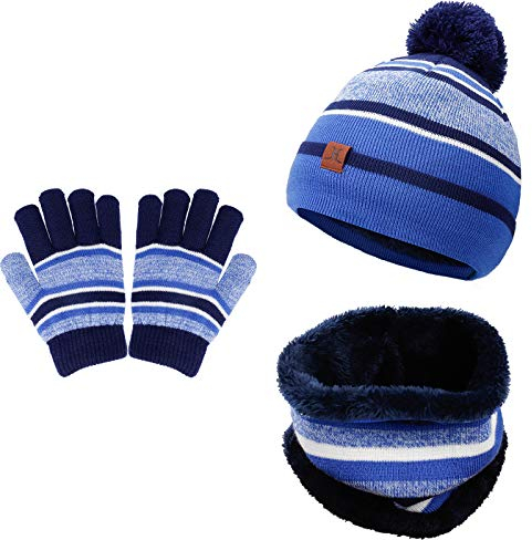 Kinder Wintermütze Warm Beanie Hut Schal Handschuhe Set mit Plüsch Innenfutter für 3-6 Jahre Kinder Jungen Mädchen