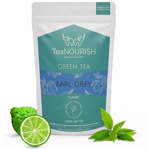 TeaNOURISH Earl Grey Green Tea | Darjeeling Loose Leaf Tea Enriched with Natural Bergamot Extract | 100% NATURAL | 50 Cups Hot or Iced Tea - 3.53oz/100g