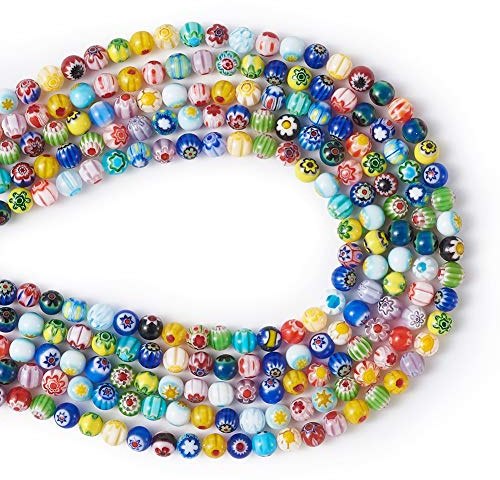 Cheriswelry About 325pcs Millefiori Glass Round Beads Strands 6mm Handmade Lampwork Flower Pattern Spacers Dangle Charms for Jewellery Crafts Making