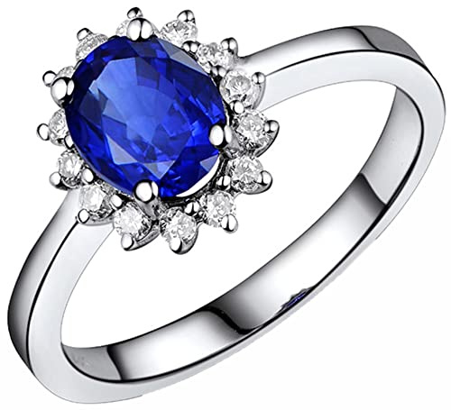 AMDXD Diamantring Weißgold 750, Blume Verlobungsring Damen mit Blau Saphir 1.3ct, als Geschenke für Freundin, Weiß Gold, Gr.65 (20.7)