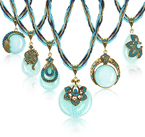 Inbagi 6 Pieces Women Bohemian Necklaces Turquoise Statement Valentine Necklaces Gifts Boho Twist Woven Rope Chunky Chain Turquoise Rhinestone Pendant Jewelry Vintage Collar Necklace for Ladies