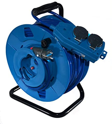Hilark Garten-Elektrokabeltrommel, Rückspule, Kabeltrommel H07BQ-F 3g2,5 mm2, Schuko-Stecker und blau Schuko-Steckdosenblock, Klappsteckdose (50 meter, Blau)