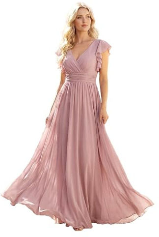 Ever-Pretty Women's Spring Summer Bridesmaid Dress Flowy Chiffon A Line Short Sleeve Back Cutout Formal Dresses Dusty Rose US06
