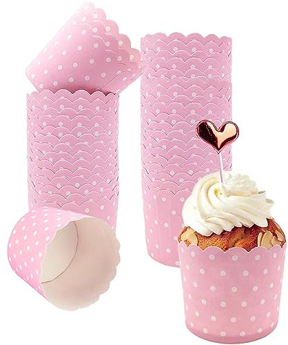Lot de 100 caissettes à cupcakes en papier à pois | Moules en papier pour cupcakes, muffins, mariages, fêtes, Halloween, pâtisseries, rose