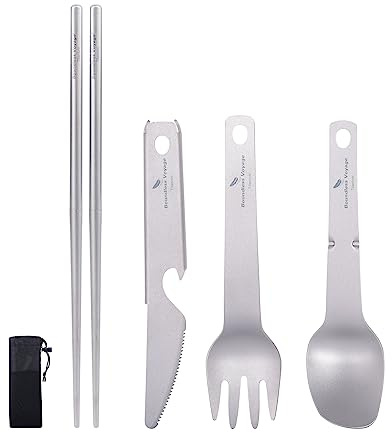 Boundless Voyage Titanium - Juego de utensilios para acampada (4 piezas, palillos de titanio, cuchara, tenedor, juego de cubiertos y cubiertos de viaje)