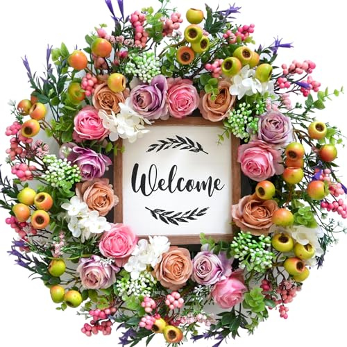 Bibelot Spring Summer Wreath for Front Door, 20inch Artificial Berries and Colorful Flower Wreaths with Welcome Sign, Spring/Summer Greenery Wreath for Front Door Wall Window Festival Decor