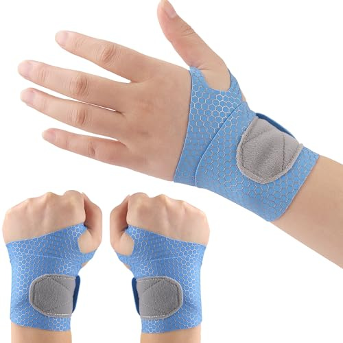 Offtrte Lot de 2 bandages de poignet ultra fins et de compression - Soutien élastique et réglable du canal carpien pour le fitness sportif (bleu)