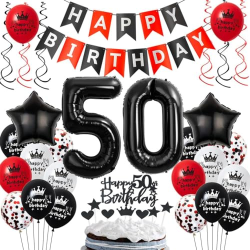 Luftballons 50. Geburtstagsdeko Rot Schwarz, 50 Jahre Schwarz Rot Geburtstag Partydekoration, 50. Luftballons Geburtstag, Ballons 50 Jahre Mann Frau, 50. Party Deko