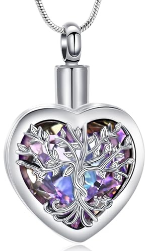 VCCWYQK Collar de urna hueca con forma de corazón de árbol de la vida para cenizas, joyería de cremación, regalos de recuerdo conmemorativo para mujeres y hombres, medallón conmemorativo, soporte para