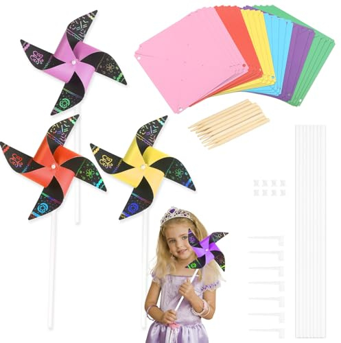 LAMEK 24 Stück Windräder Kratzbilder Kinder Bastelset Windrädchen Kratzpapier Bastelset DIY Windmühle Kunsthandwerk zum Basteln Party Geschenk Bastelbedarf für Mädchen Junge Geburtstag Garten