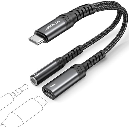 JSAUX USB C to 3.5mm Jack and Charger Adapter, 2-in-1 USB C to Aux Audio Jack Adapter with PD 60W Fast Charging Compatible with iPhone 15 Pro Max, Samsung Galaxy S23/S22 Ultra, Pixel 7/6, iPad-Black