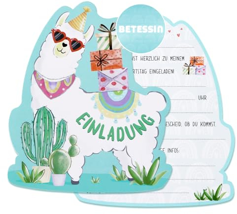 BETESSIN 12x Einladungskarten Kindergeburtstag Mädchen - Lustige Party-Alpaka Einladungskarten für Kinder zum Geburtstag - Alpaka Party Einladungen für Junge und Mädchen