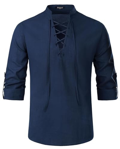 Enlision Kragenloses Hemd für Herren Leinenhemd langärmelig Renaissance Hemd Herren Anzughemden Vintage Kostümoberteile Navy 2XL
