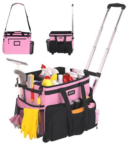 JKAOO Large Rolling Cleaning Caddy Bag with Detachable Trolley, Waterproof Cleaning Caddy on Wheels for Housekeepers, Cleaning Cart Supplies Organizer for Home,Car,Office,Picnic (Pink) (in Patent)