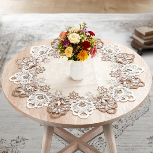 Tischdecke Abwaschbar, runde Tischdecke mit Spitzenblumenmuster, einfarbige Tischdecken mit Quasten, für Esstisch Couchtisch Buchtisch Aufbewahrungstisch Indoor Picknick Outdoor, 50 cm