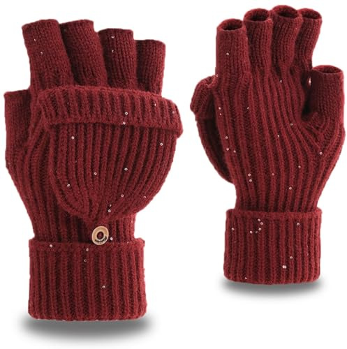 Yaopelky Fingerlose Winterhandschuhe für Damen und Herren, halbe und volle Glitzer-Strick-Fäustlinge Daumen mit Kappe, wandelbarer Thermo-Fäustling, One Size for most adults