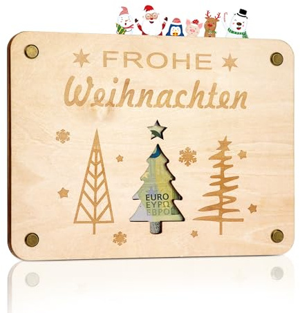 TAKULA Wunscherfüller Geldgeschenk Holz – 16x12cm mit Weihnachtsmotiv | Kleiner Wunscherfüller Gravur mit weihnachtlichem Motiv. Schnellen Aufbau. Perfekt als Geldgeschenk zu Weihnachten.