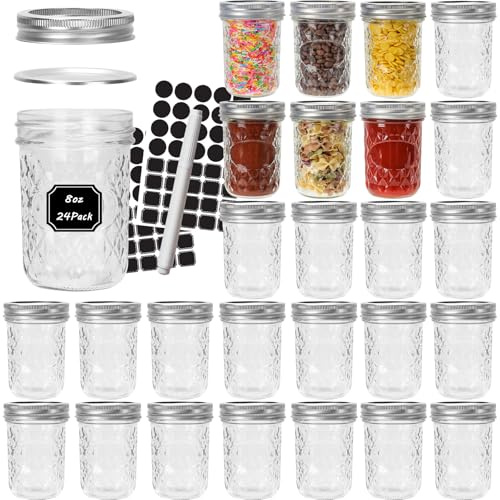 CycleMore Mason Jars 8 oz, 24 Pack Canning Jars with Airtight Lids and Bands, half pint canning jars Ideal for Fermenting, Jam, Honey, Pickling, Wedding/Shower Favors, DIY Decors