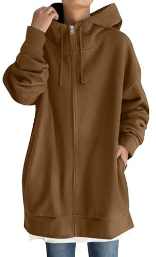 Sweat a Capuche Femme Zippé Chic et Elegant Automne et Hiver Veste Longue à Capuche Femme Manches Longues Couleur Unie Décontracté Chaude Pas Cher Vetement Femme Solde,3-café,XL