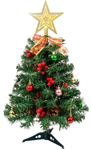 Uten Mini Albero di Natale, 60 cm Alberi di Natale con 50 Luci LED, 6 Gruppi Bacche Rosse, 6 Pigne, Stelle, Fiocchi e 20 Palline di Natale per Ufficio, Soggiorno, Davanzale