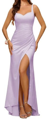 Vestido largo de satén sin mangas con cuello de corazón para mujer, vestido de dama de honor, vestido de fiesta, Lila, 48