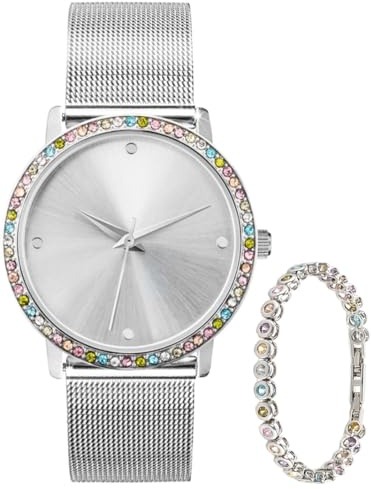 Crystal Blue Damen Armbanduhr Set Silber Edelstahl Milanaise Mesh Armband mit Zirkonia Tennisarmband