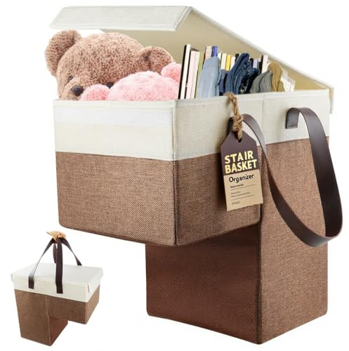 Ecopandy Panier pliable en lin avec poignée et couvercle, sac d'escalier, panier à linge, peu encombrant, en feutre, organisateur pour linge, jouets (marron)