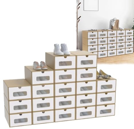 AufuN 20 scatole impilabili per scarpe in carta kraft con coperchio e finestra trasparente, pratico contenitore per scarpe, 35 x 24 x 14 cm, organizer per scarpe