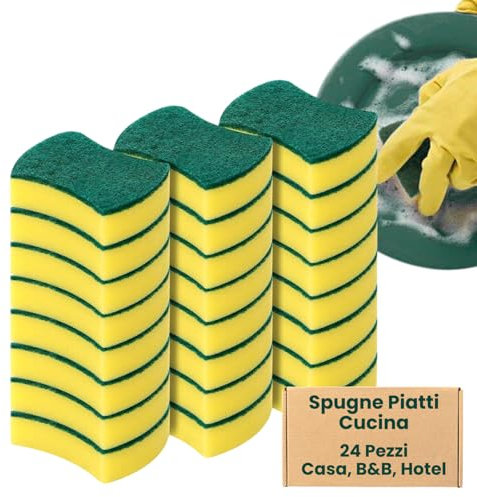 Spugne Cucina Abrasive 24 Pezzi Spugna Piatti Doppia Fibra Antigraffio, Assorbe, Protegge, Resistente e di Lunga Durata, Rimuove Facilmente Unto e Cibo Bruciato (Spugna Normale)