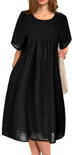 BSBUY Womens Summer Dresses Casual Short Sleeve Round Neck Sundress Loose Beach Swing Dress Cotton Knee-Long Dress Simple Classic T-Shirt Dress Tunic Dress with Pockets(Black)